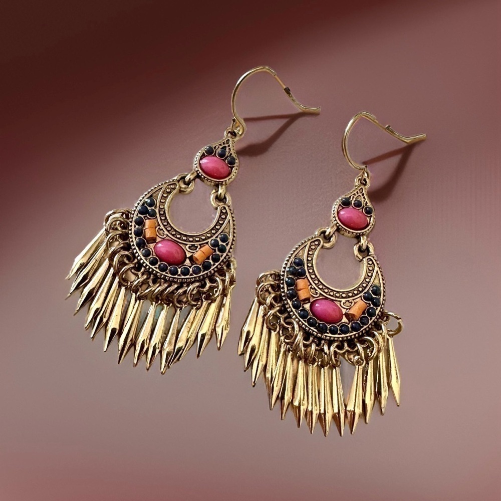 Vintage Style Pink & Gold Tone Hoop Hanging Earrings